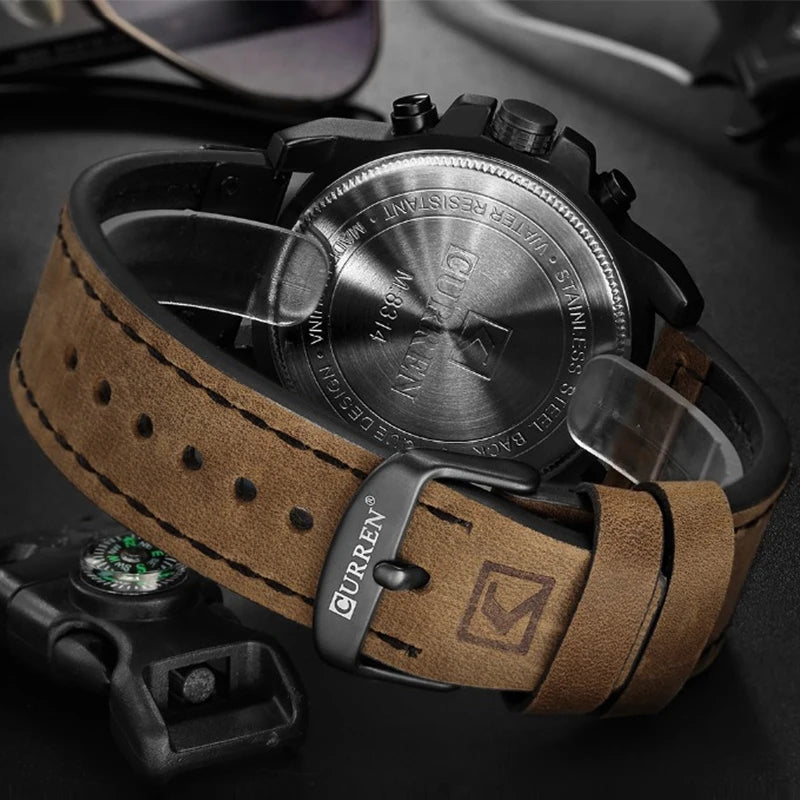 Relojes Curren de cuarzo para hombres, deportivos, estilo militares, correa de cuero, Cronógrafo impermeable