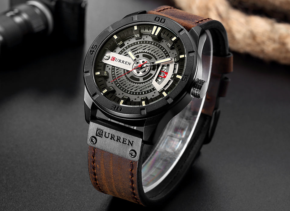 Relojes Curren de cuarzo para hombres, deportivos, estilo militares, correa de cuero, Cronógrafo impermeable